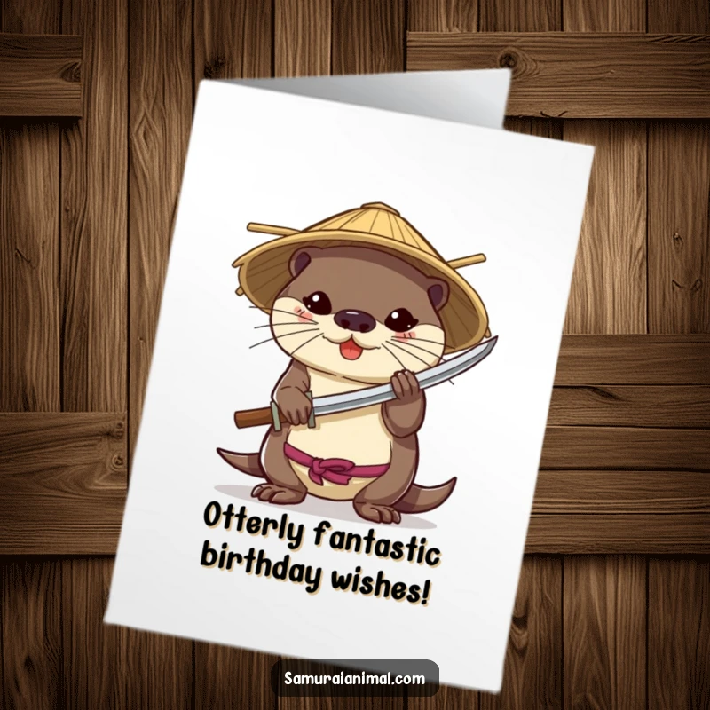 Funny Free Printable Birthday Card: A brave otter in a bamboo hat wields a miniature katana with skill.