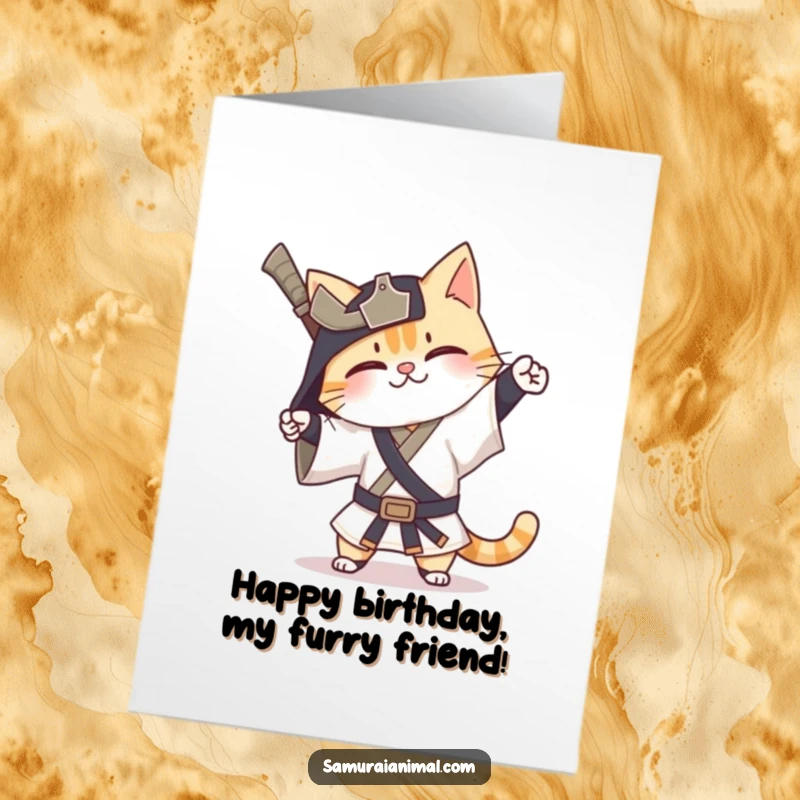 Funny free printable birthday card of a very happy cat samurai performing an exaggerated, silly bow for a celebration.
