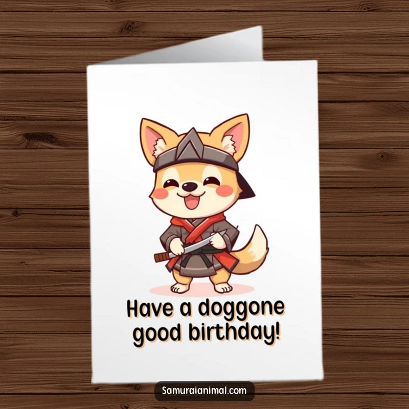 Funny Free Printable Birthday Card: A cheerful dog in samurai attire wags its tail, holding a sai for a birthday party.