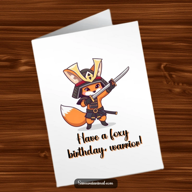 Funny Free Printable Birthday Card: A fox in a samurai helmet playfully practices sword swings with a mischievous look.