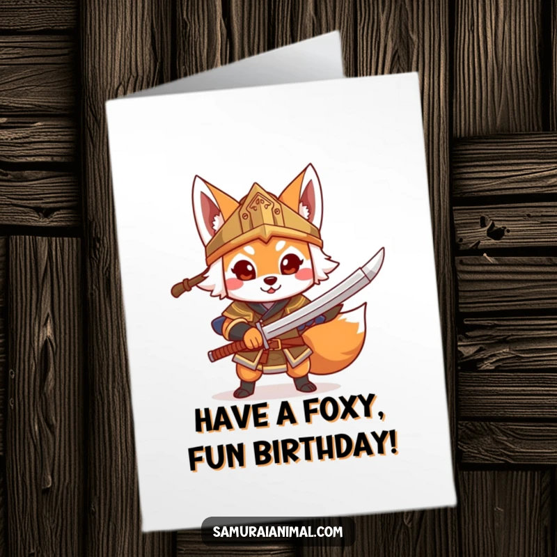 Funny Free Printable Fox Warrior Birthday Card: Cheerful fox in helmet brandishes toy sword, ready to celebrate.