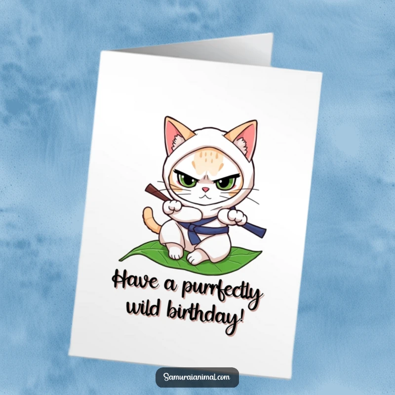 Funny Free Printable Birthday Card: A determined cat practices ninja rolls on a leaf with intense focus.