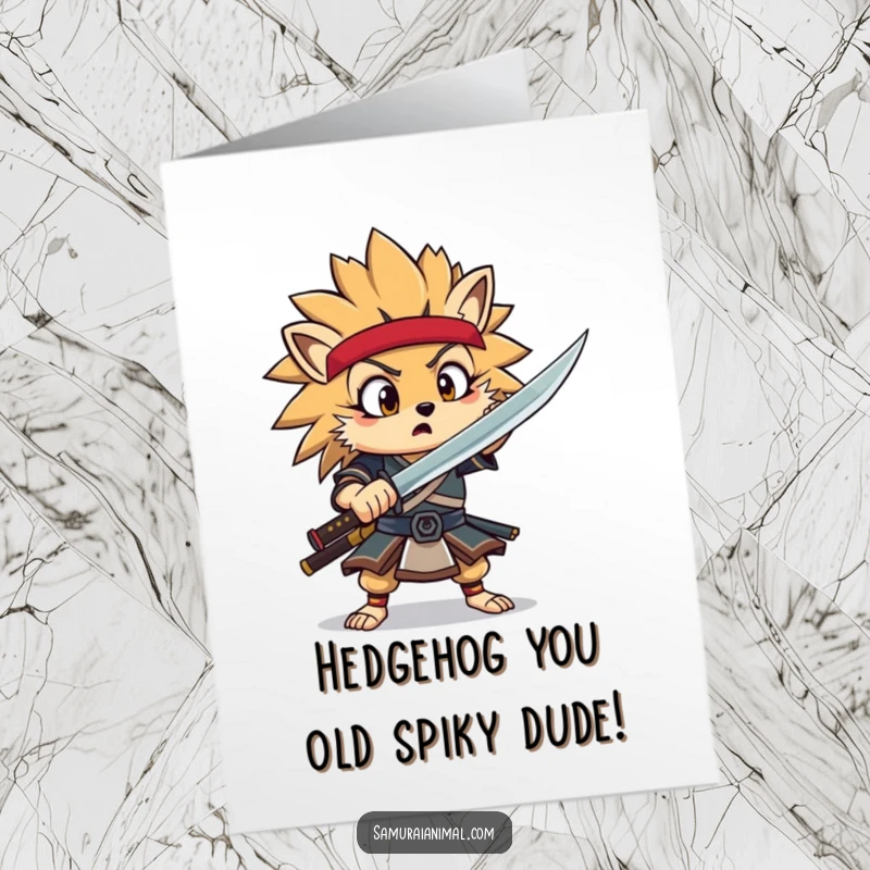 Funny free printable birthday card with a surprised hedgehog samurai trying a dramatic sword flourish, ready to celebrate.