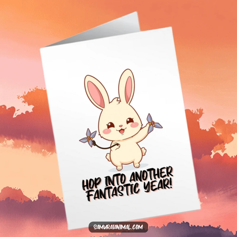 Funny Free Printable Birthday Card: Happy rabbit playfully spins a mini shuriken, sending birthday wishes with curiosity.