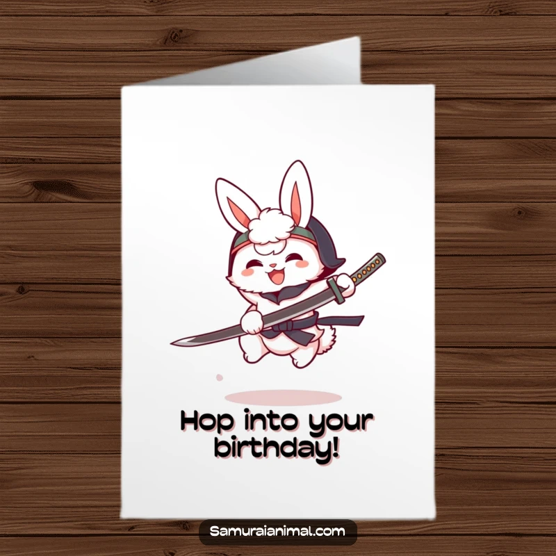 Funny Free Printable Birthday Card: A fluffy bunny in a tiny helmet, mid-leap, joyfully brandishing a cartoon katana, ready for party action.