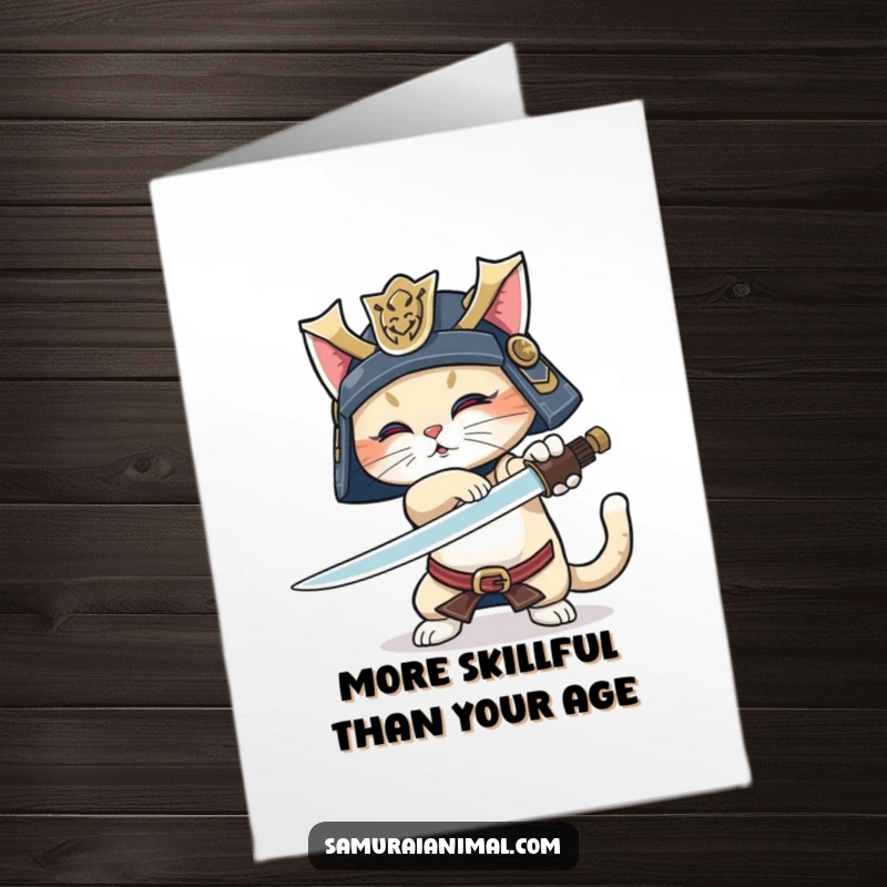 Funny free printable birthday card of a determined samurai cat in helmet practicing sword tricks with a super waggy tail.