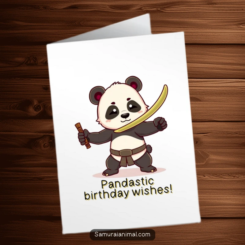Funny Free Printable birthday card: Playful panda warrior with bamboo sword striking a dramatic, humorous pose for a unique greeting.