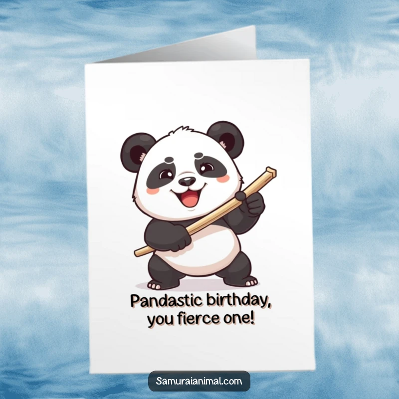 Funny Free Printable Birthday Card: A plump panda grins determinedly, wielding a toothpick like a sword, comical battle stance.