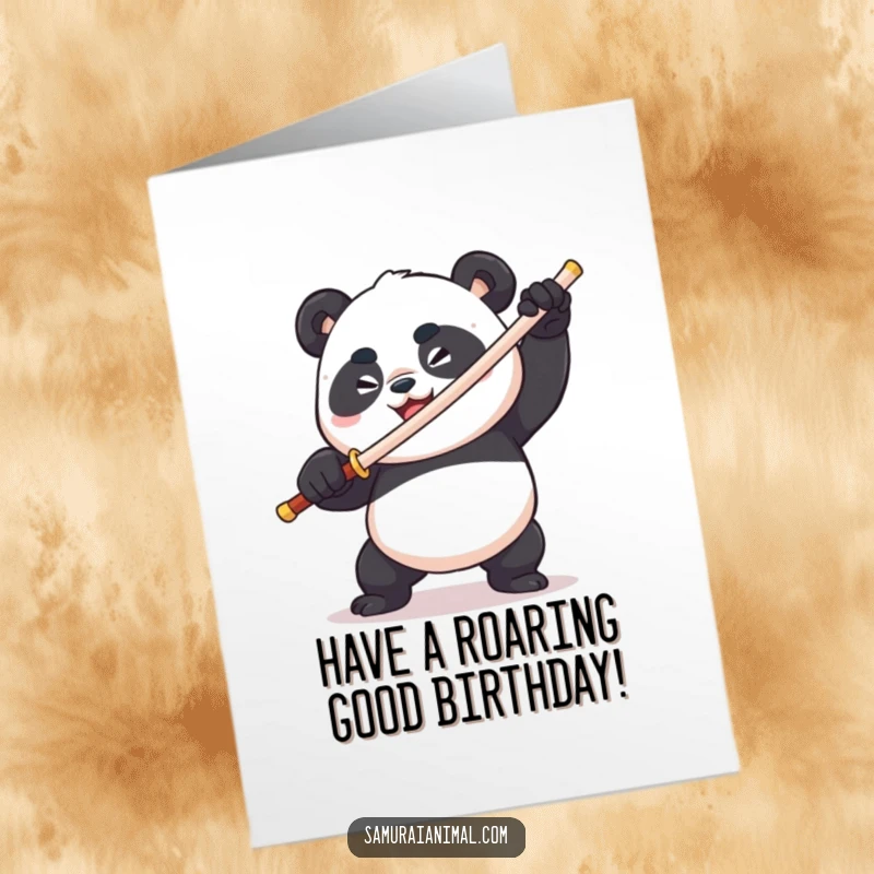 Funny Free Printable Birthday Card: A plump panda with a determined grin fiercely but comically wields a tiny toothpick sword.