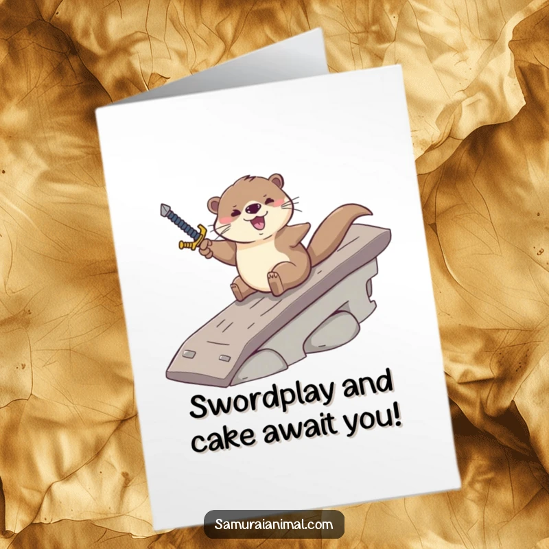 Funny Free Printable Birthday Card: Playful otter with a sword joyfully slides down a ramp.