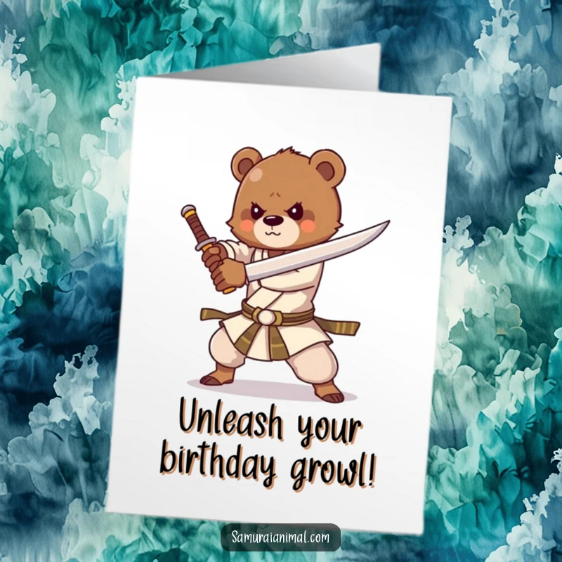 Funny Free Printable Birthday Card: A strong bear cub enthusiastically practices sword forms with determination.