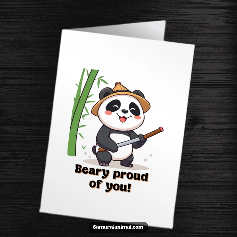 Funny Free Printable Congratulations Card: Panda wearing straw hat celebrates victory by chopping bamboo with a katana.
