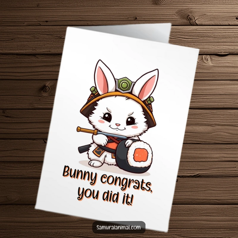 Funny Free Printable Congratulations Card: Rabbit samurai victoriously parries sushi roll, celebrating an achievement.