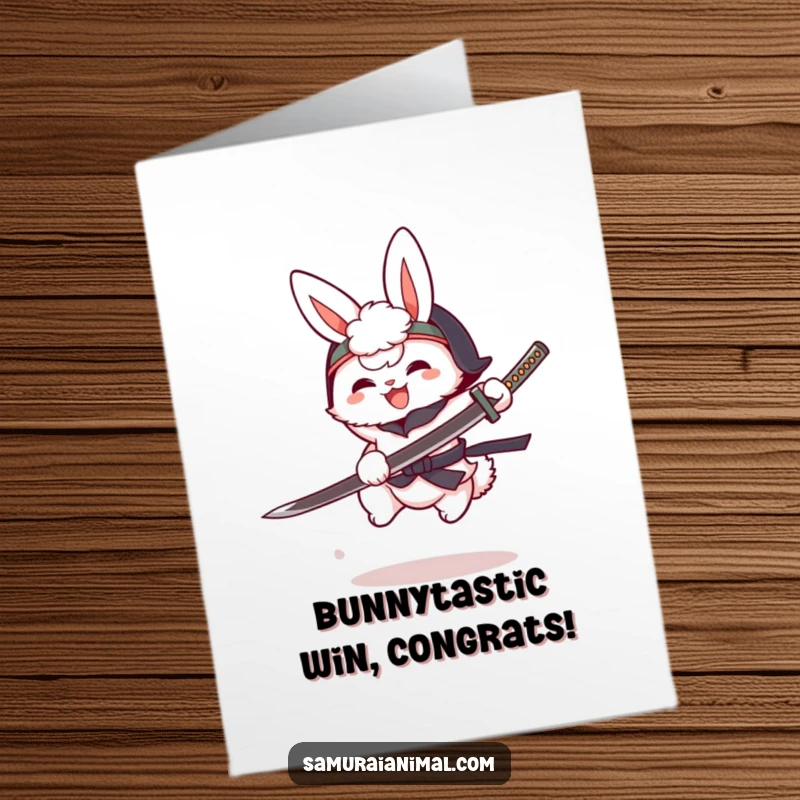 Funny Free Printable Congrats Card: A fluffy bunny in a tiny helmet brandishes a cartoon katana mid-leap, celebrating a victory.