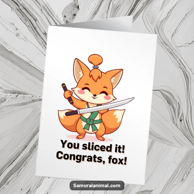 Funny Free Printable Congratulations Card: A mischievous fox with a topknot, practicing a swift sword flourish happily after their win.