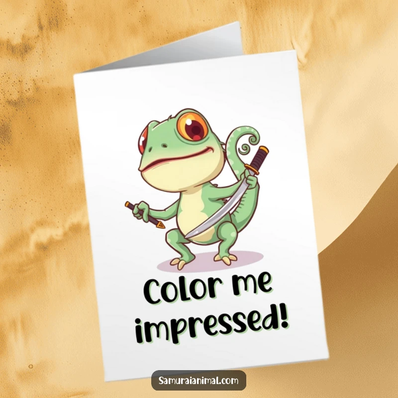 Funny Free Printable Congratulations Card: A joyful chameleon with a curled tail playfully swings a samurai sword, celebrating success.