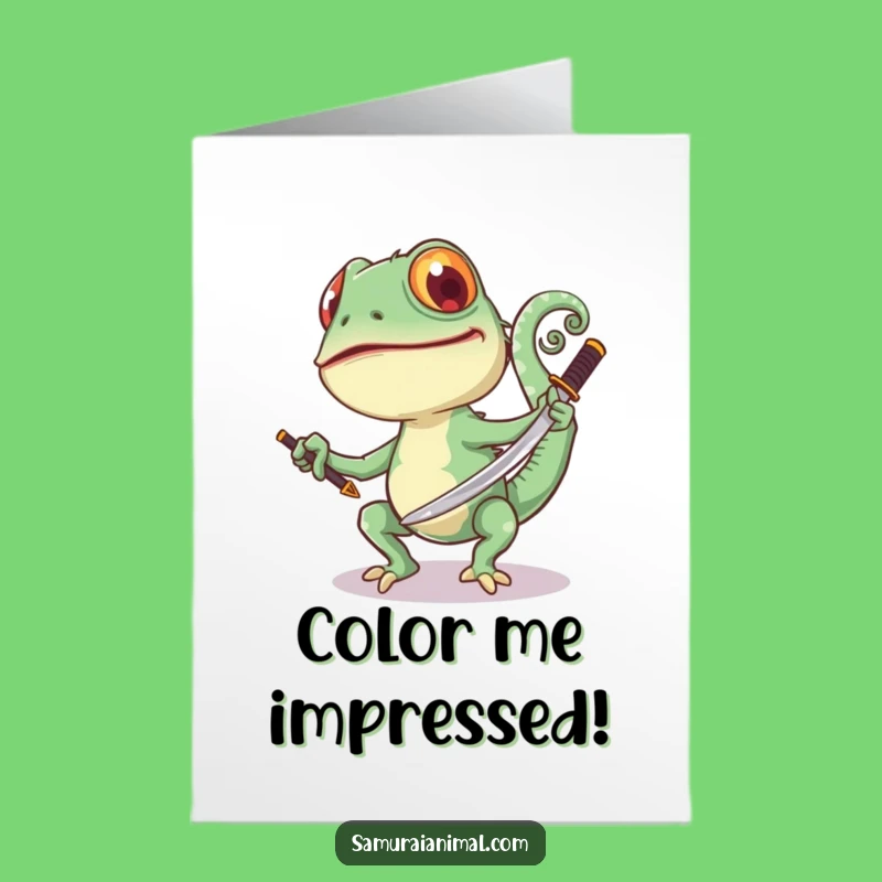 Free Printable Congrats Card: Joyful Chameleon Samurai, Playful Downloadable Gift for Winners