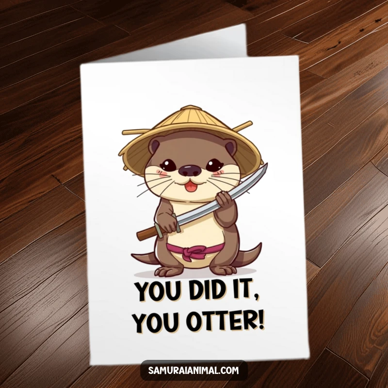 Funny Free Printable Congratulations Card: A brave otter wearing a bamboo hat expertly holds a tiny katana.