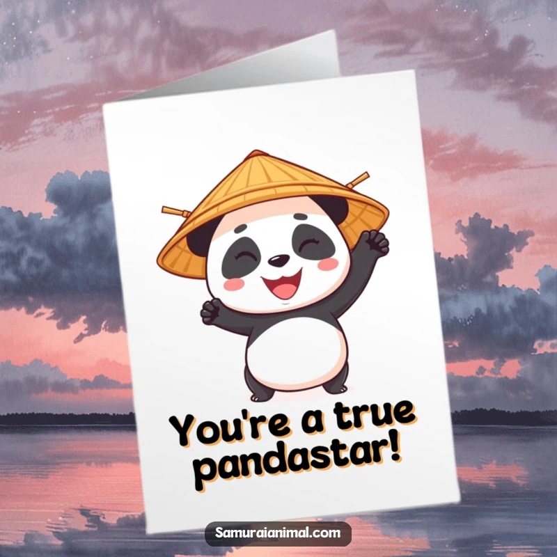 Funny Free Printable Congrats Card: A panda wearing a bamboo hat strikes a heroic pose, grinning victoriously.