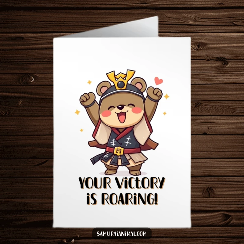 Funny Free Printable Congrats Card: A courageous samurai bear cheers triumphantly, celebrating a hard-earned victory.