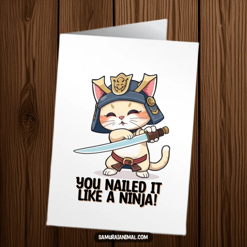 Funny free printable congratulations card showing a skilled samurai cat attempting an impressive sword trick with its tail wagging.