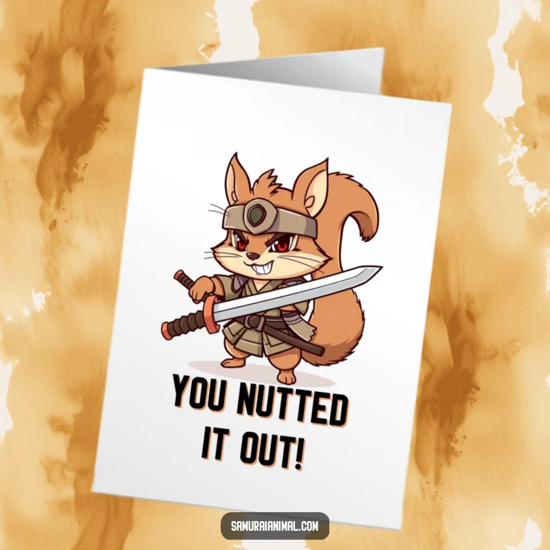 Funny free printable congratulations card of a playful squirrel samurai brandishing a wooden katana with a determined grin, celebrating victory.