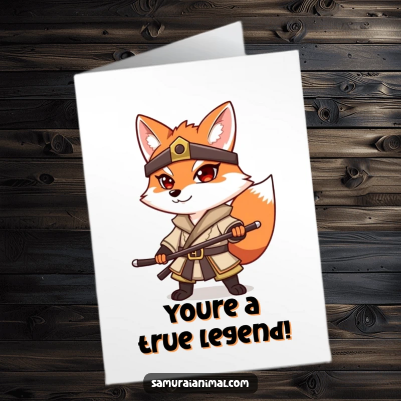 Funny Free Printable Congrats Card: A determined fox in a samurai outfit strikes a strong, victorious pose.
