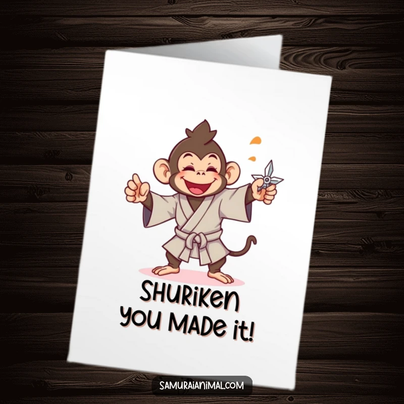 Funny Free Printable Congratulations Card: A joyful monkey in samurai gi throwing a shuriken.