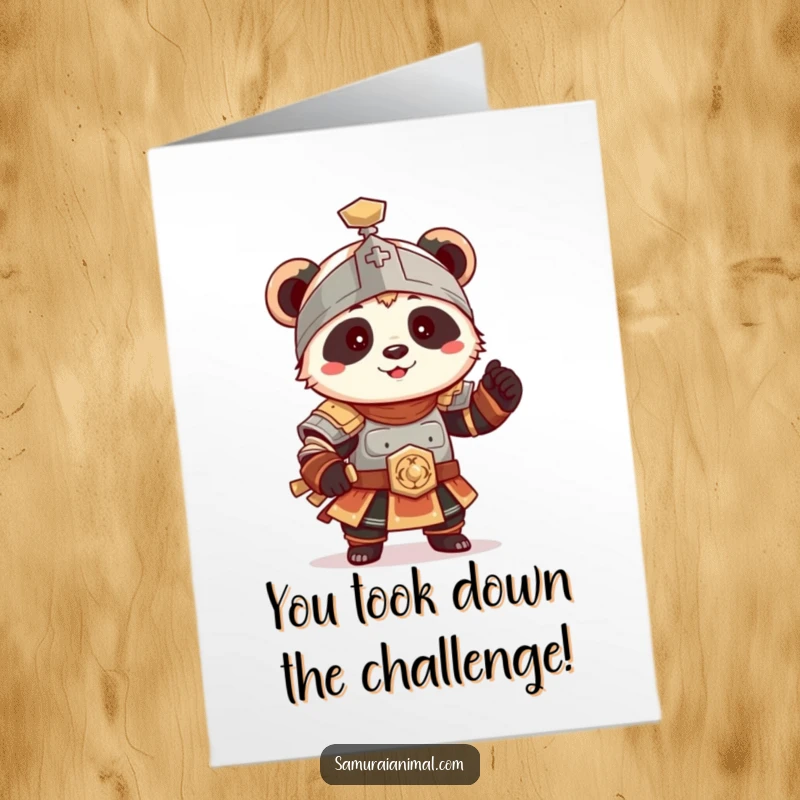 Funny Free Printable Panda Congrats Card: Tiny panda in armor strikes a playful, wobbly pose, celebrating.