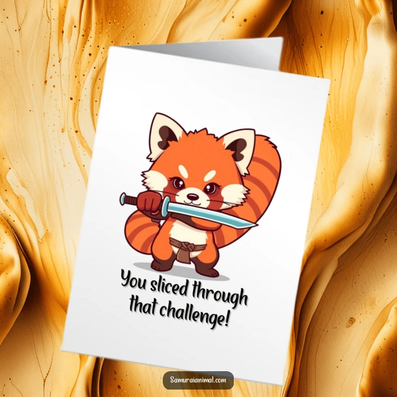 Funny Free Printable Congratulations Card: Stylized red panda holds a dramatic sword stance, celebrating your triumph adorably.