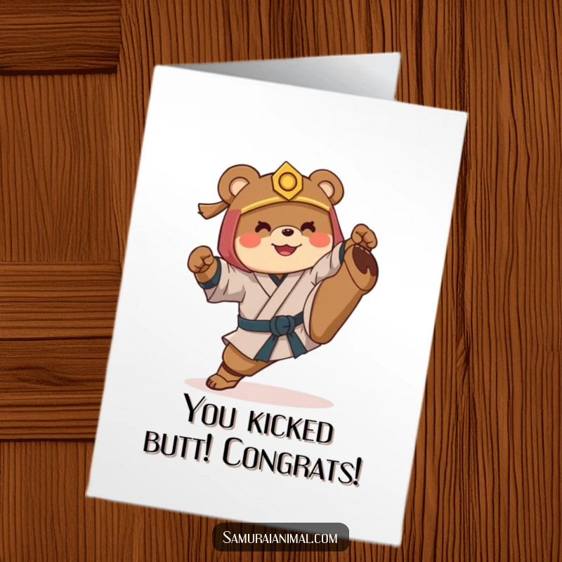 Funny Free Printable Congrats Card: Samurai bear striking a pose, celebrating a win with humorous effort, downloadable art.