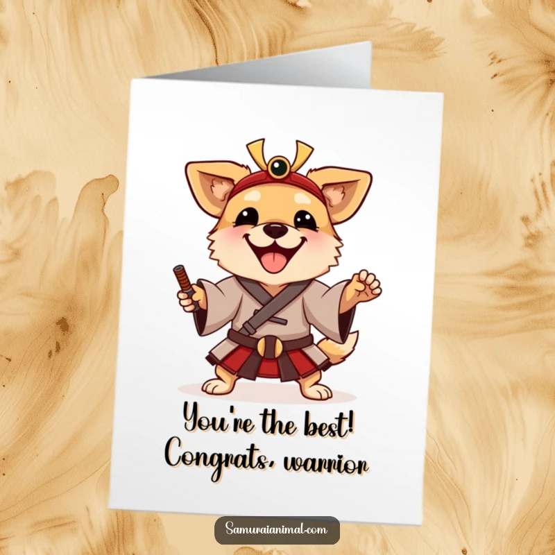 Funny Free Printable Samurai Pup Congrats Card, a happy dog in samurai attire poses playfully, celebrating success.