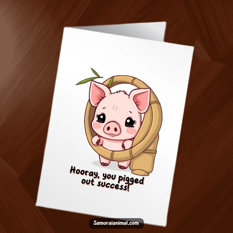 Funny Free Printable Congrats Card: A shy piglet peeking from behind a bamboo shield, offering quiet encouragement and congratulations.