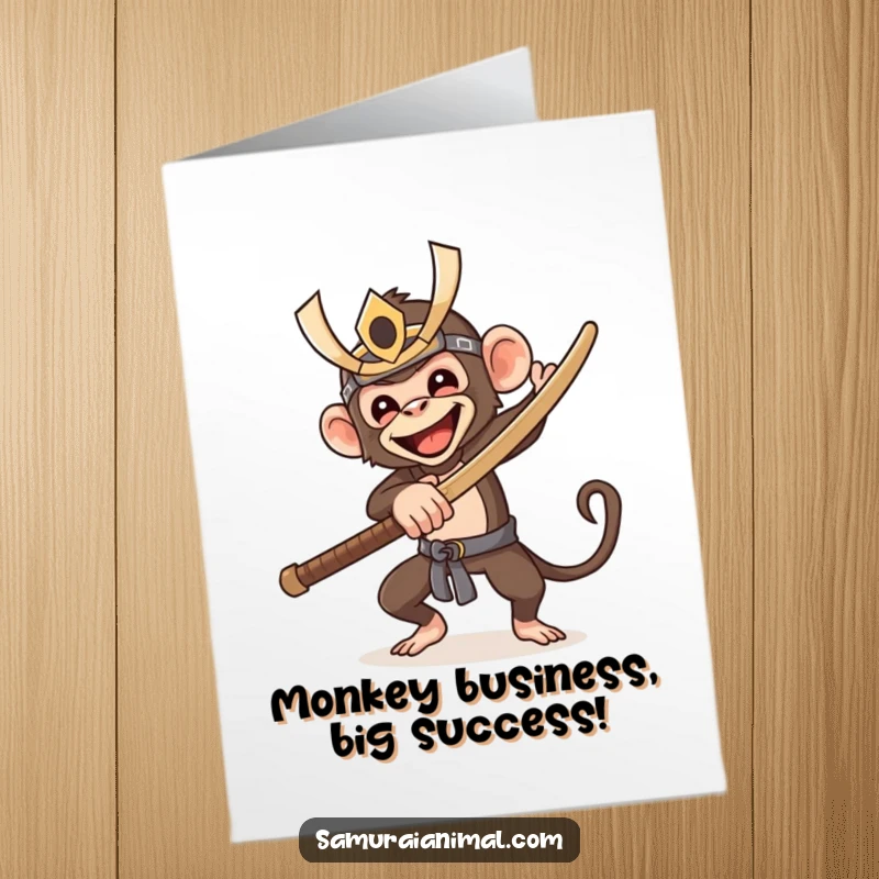 Funny Free Printable Congratulations Card: A happy monkey in a samurai mask joyfully brandishes a wooden sword to celebrate success.
