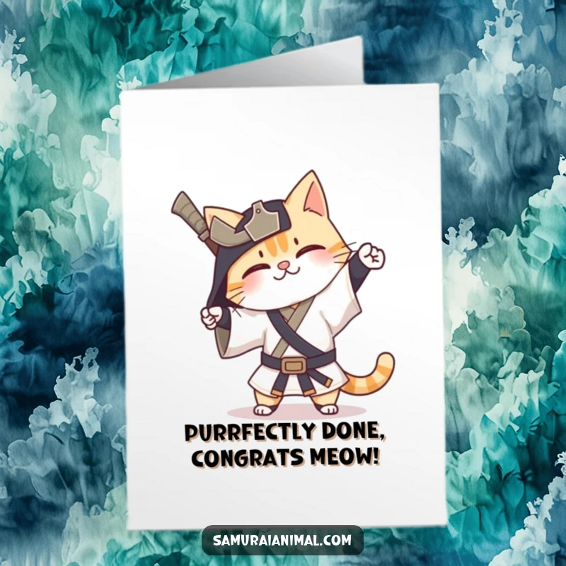 Funny free printable congratulations card of a very happy cat samurai doing a silly, exaggerated bow for success.