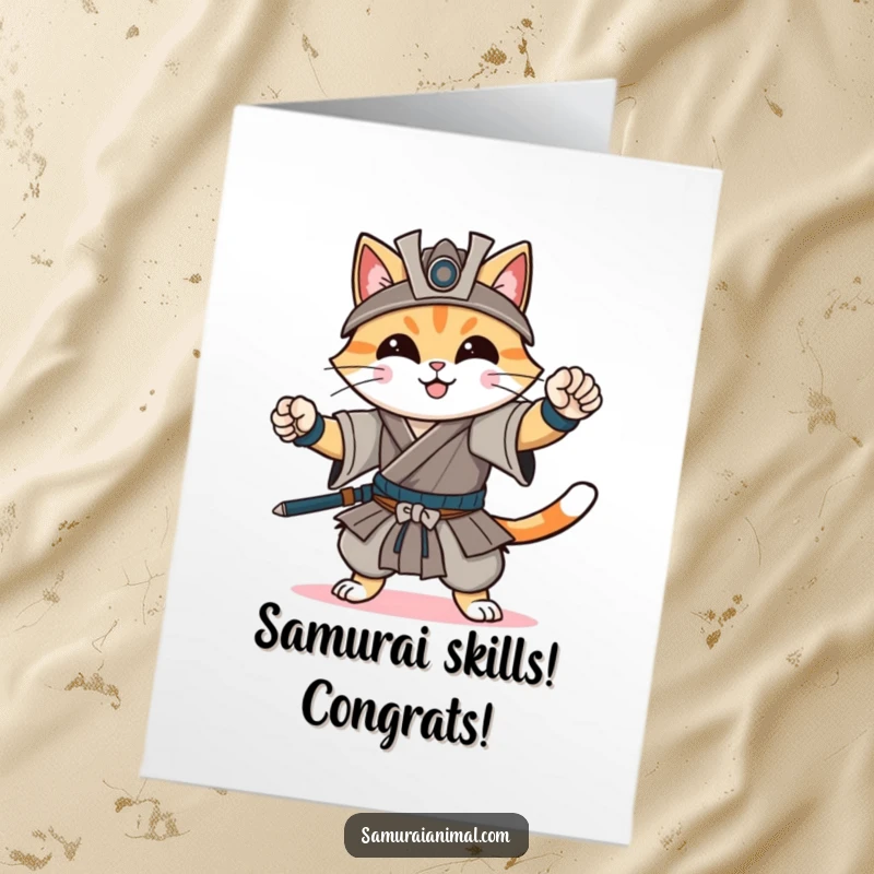 Funny Free Printable Congratulations Card: Cheerful cat striking a powerful samurai pose, celebrating a well-deserved victory.