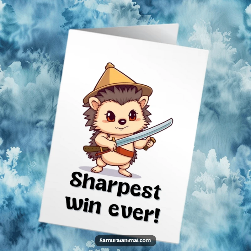 Funny Free Printable Congratulations Card: A confident hedgehog wearing a party hat poses stylishly with a sword, celebrating victory.