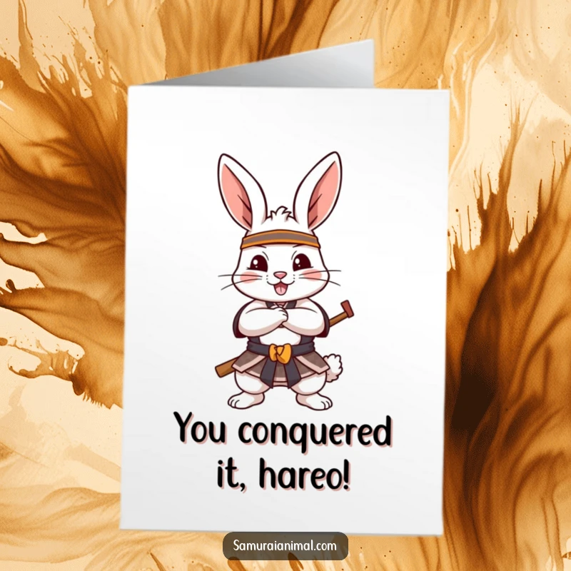 Funny free printable congratulations card showing a rabbit in a playful samurai stance, celebrating success.