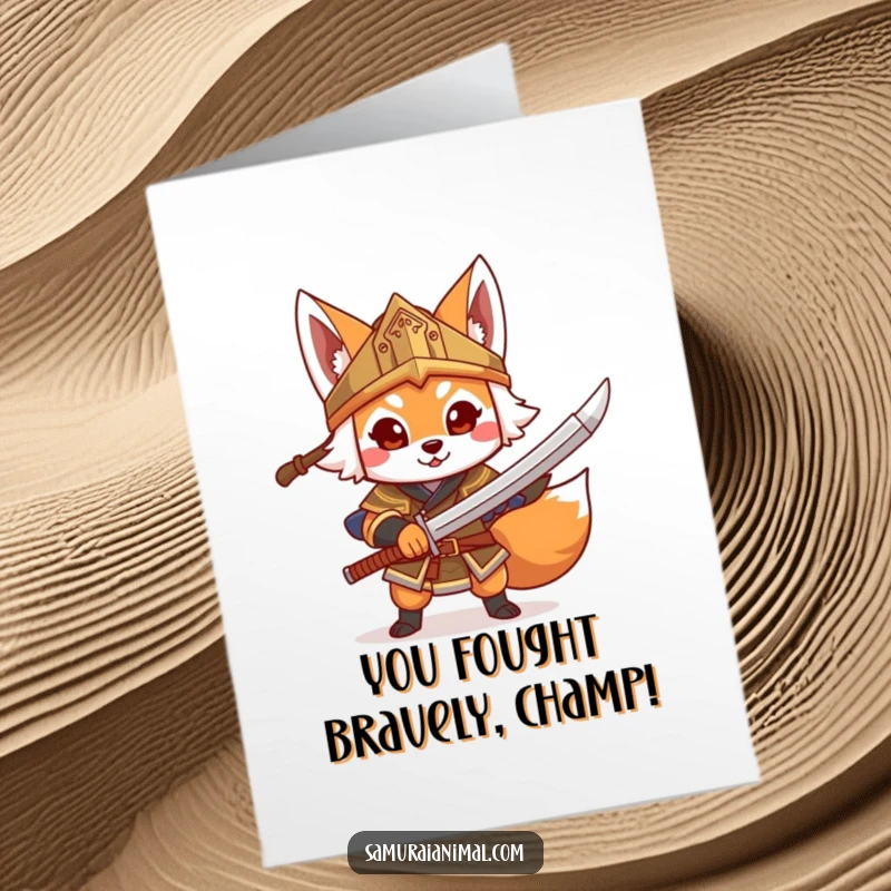 Funny Free Printable Fox Warrior Congrats Card: Cheerful fox in helmet brandishes toy sword, celebrating.