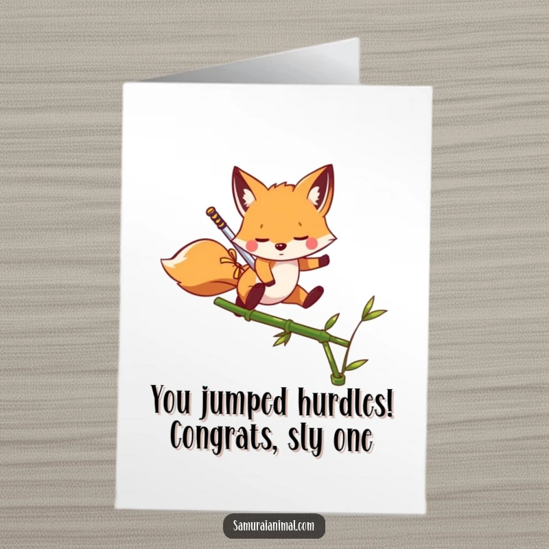 Funny Free Printable Fox Acrobat Congrats Card, a clever fox with a miniature sword performs an agile leap over bamboo.