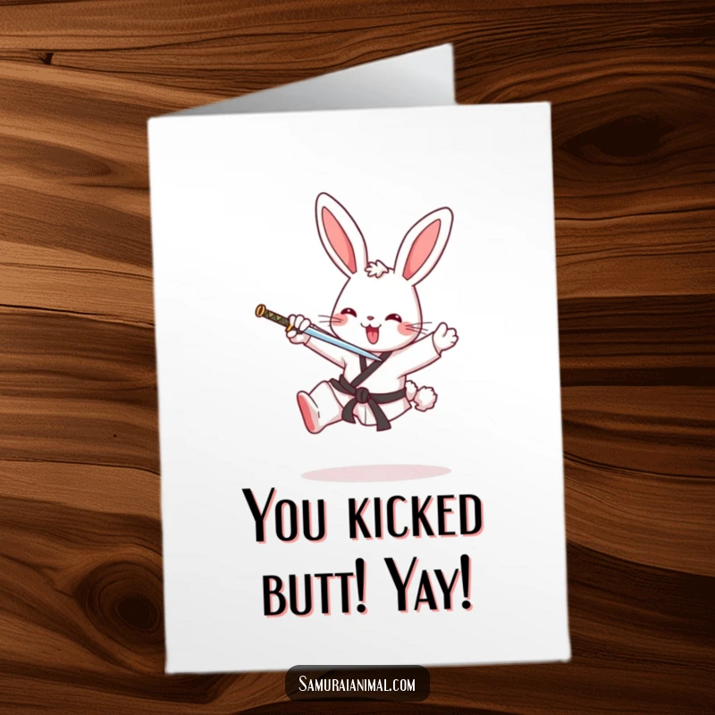 Hilarious free printable congratulations card with a determined bunny performing an aerial karate kick, celebrating a big win.