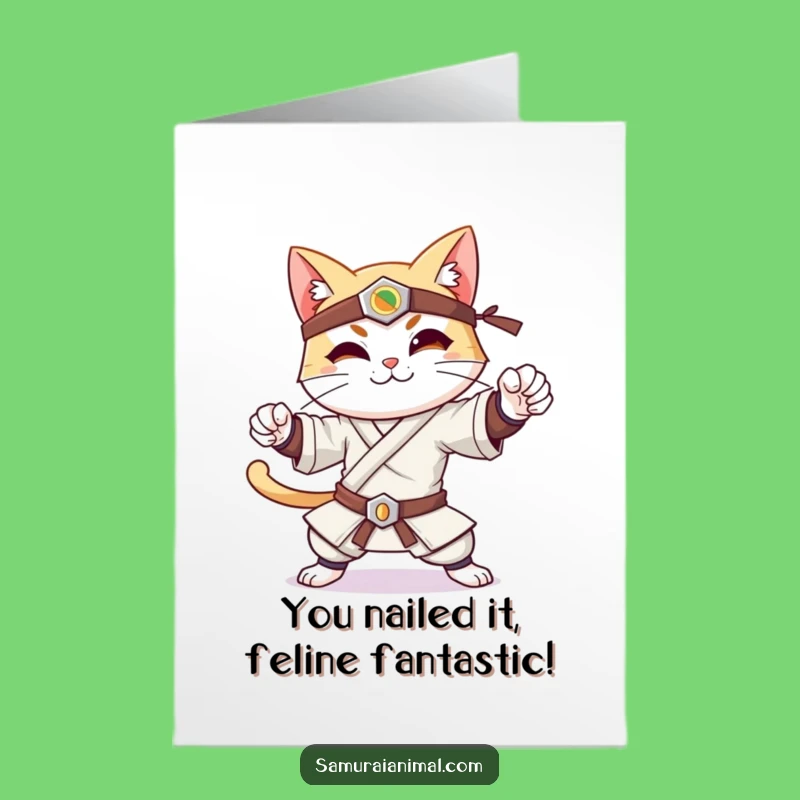 Free Printable Congrats Card: Samurai Cat Victory Funny Card Download