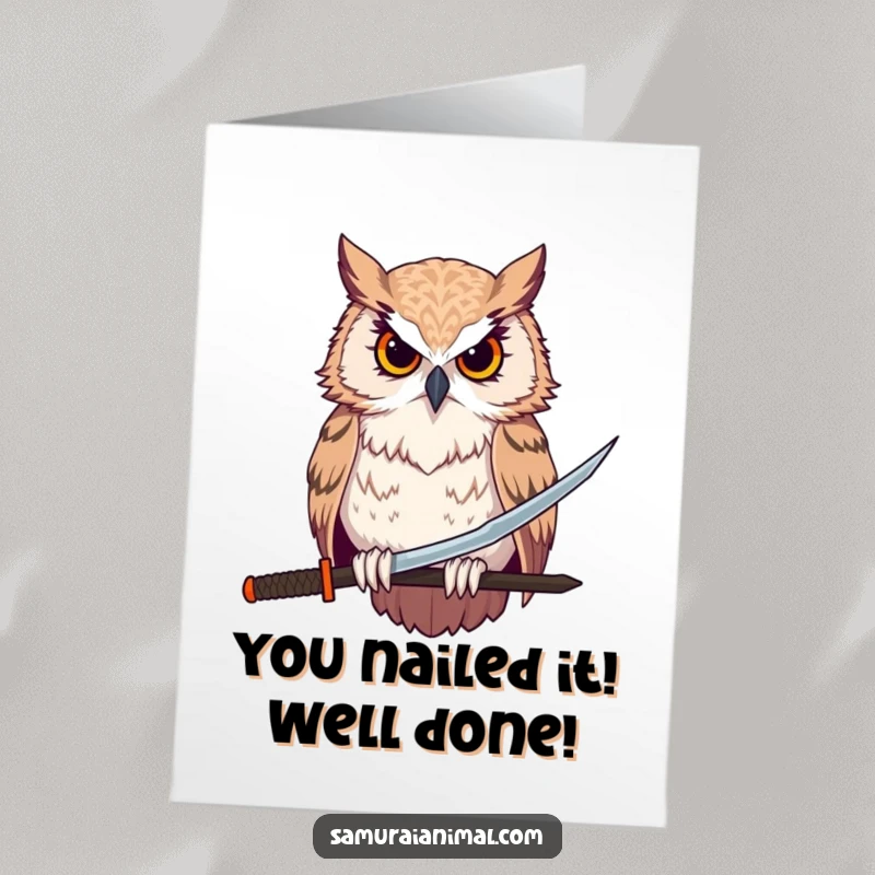 Funny Free Printable Congratulations Card showing a serious owl holding a katana, celebrating an accomplishment with flair.