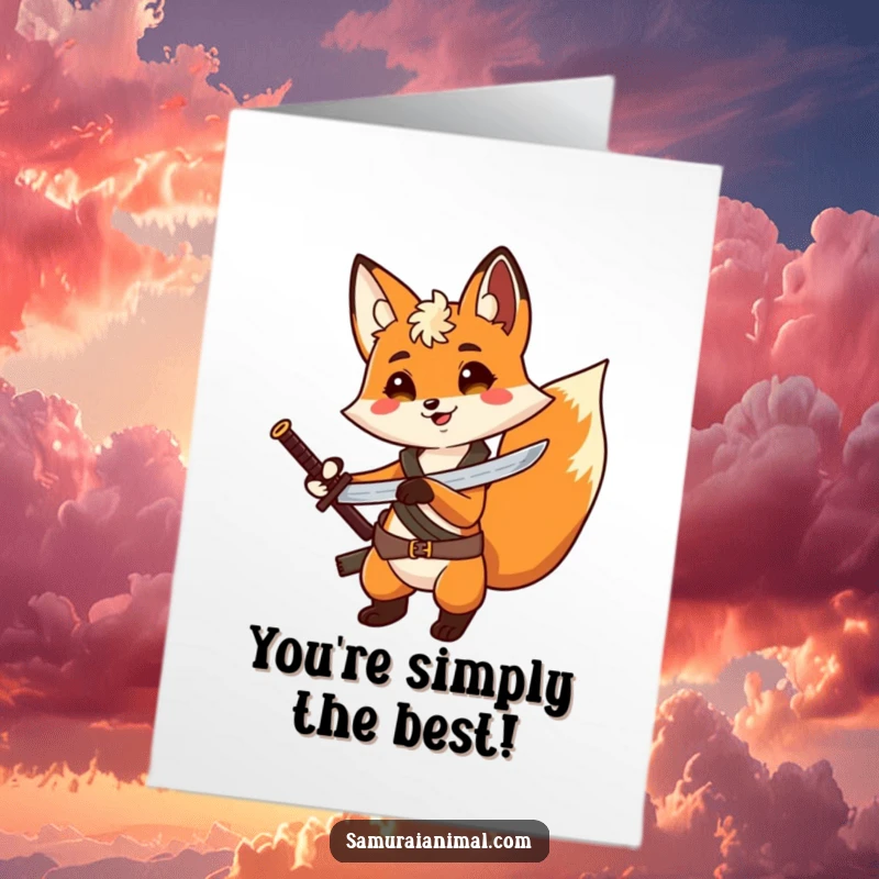 Funny Free Printable Congratulations Card: Dramatic fox with a tiny sword poses triumphantly after a successful endeavor.