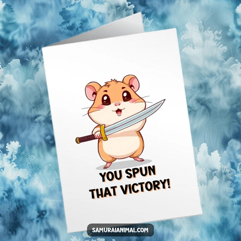 Funny Free Printable Hamster Congratulations Card: Curious hamster attempting a spinning sword attack, a downloadable gift.