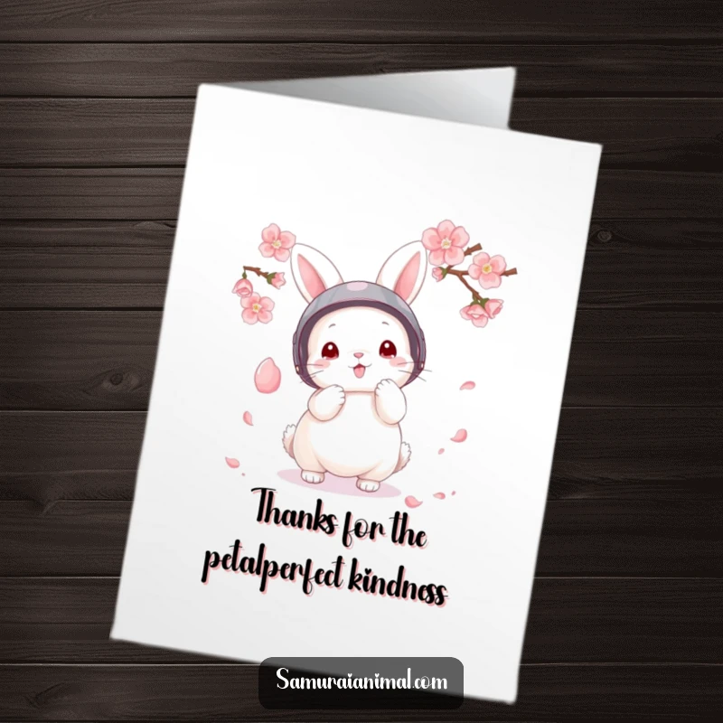 Funny Free Printable Bunny Hero Thank You Card, a fluffy bunny in a tiny helmet defends against a single falling cherry blossom.