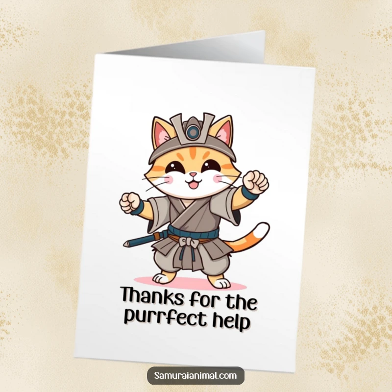 Funny Free Printable Thank You Card: Cheerful cat in a dynamic samurai pose, offering thanks with a gentle smile.