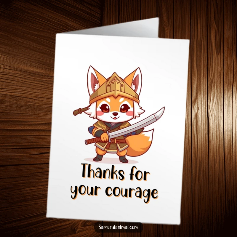 Funny Free Printable Fox Warrior Thank You Card: Cheerful fox in helmet brandishes toy sword, thanking.