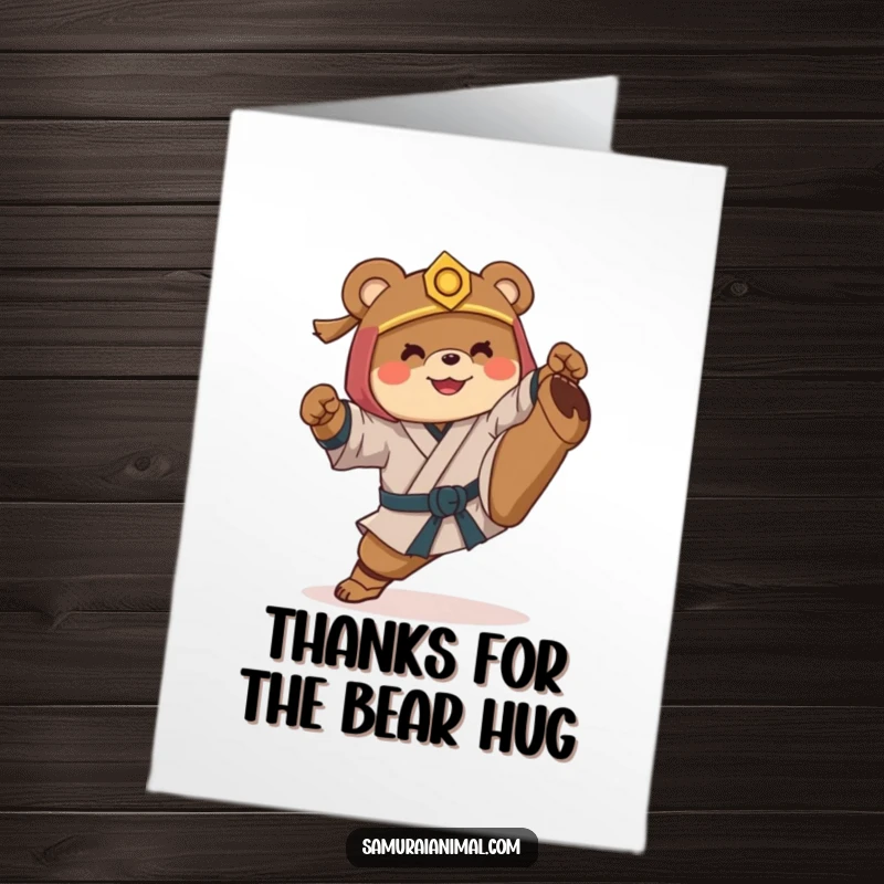 Funny Free Printable Thank You Card: Samurai bear showing gratitude with a clumsy, funny kick, downloadable art.