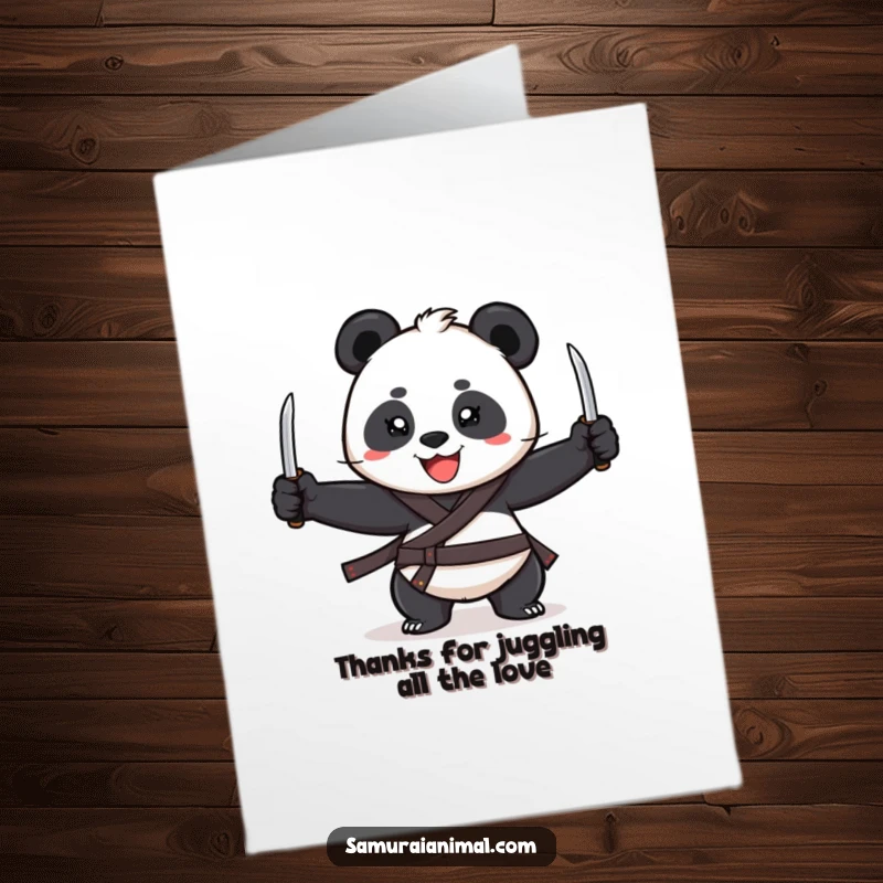 Funny Free Printable Panda Thanks Card, a cheerful panda juggles three katanas, showing appreciation with a wide grin.
